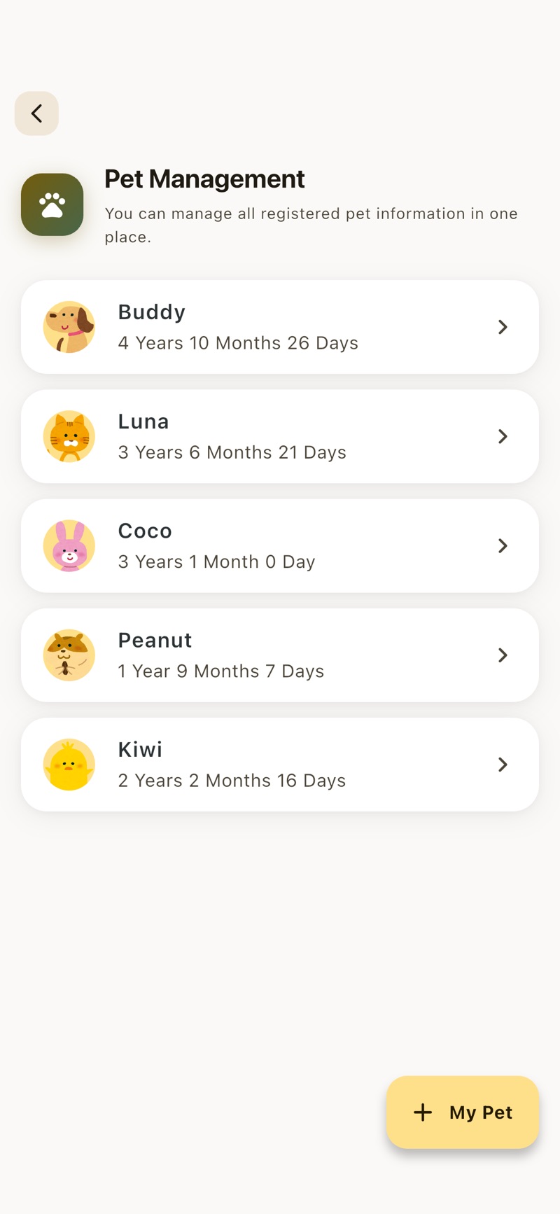 Multi-pet management screen